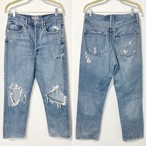 AGOLDE Light Destroyed Wash 90s High Rise Loose Fit Straight Leg Jeans Size 28